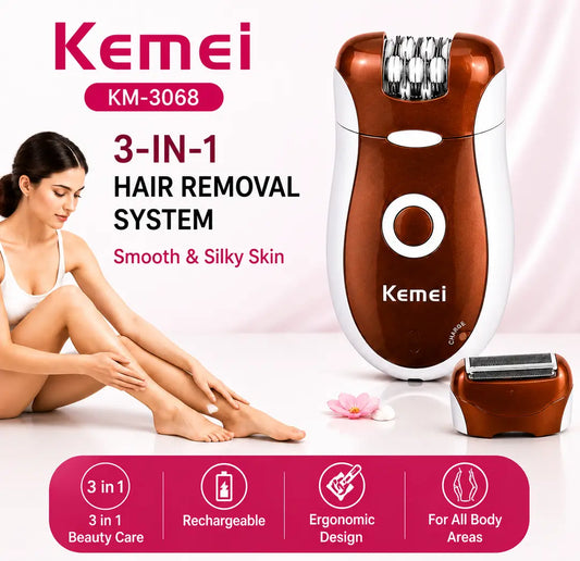 Kemei KM-3068 3-in-1 Rechargeable Epilator & Hair Removal System for Women