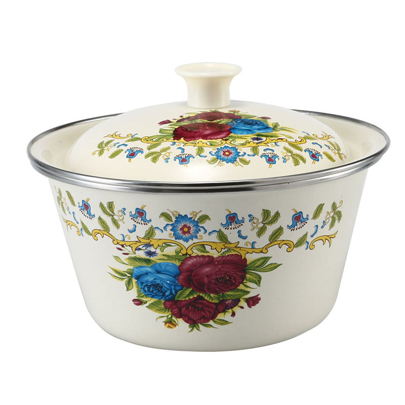Thickened Enamel Basin with Lid, Floral Design