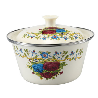 Thickened Enamel Basin with Lid, Floral Design