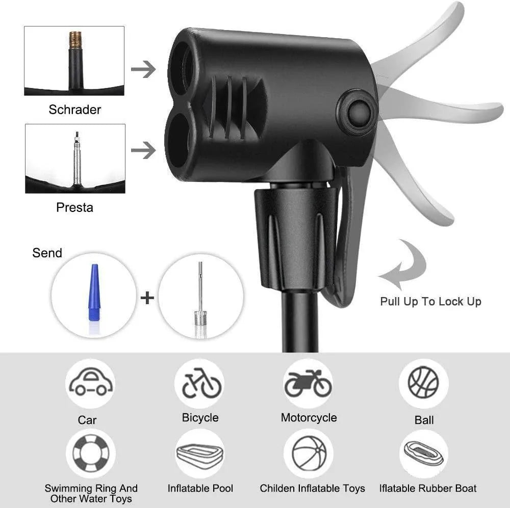 Heavy Duty Foot Tire Pump with Dual Nozzle for Bikes Cars