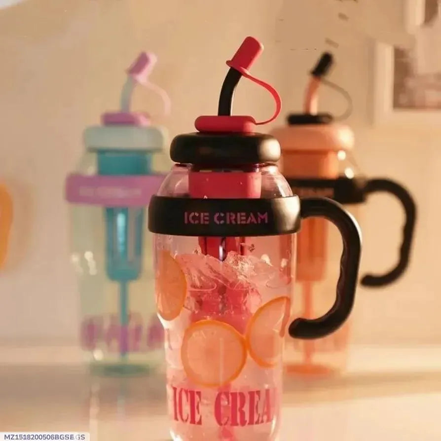 Ice Cream Water Bottle with Straw & Handle