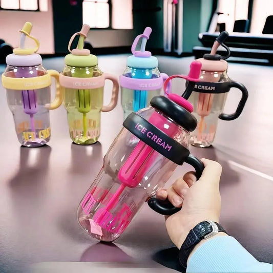 Ice Cream Water Bottle with Straw & Handle