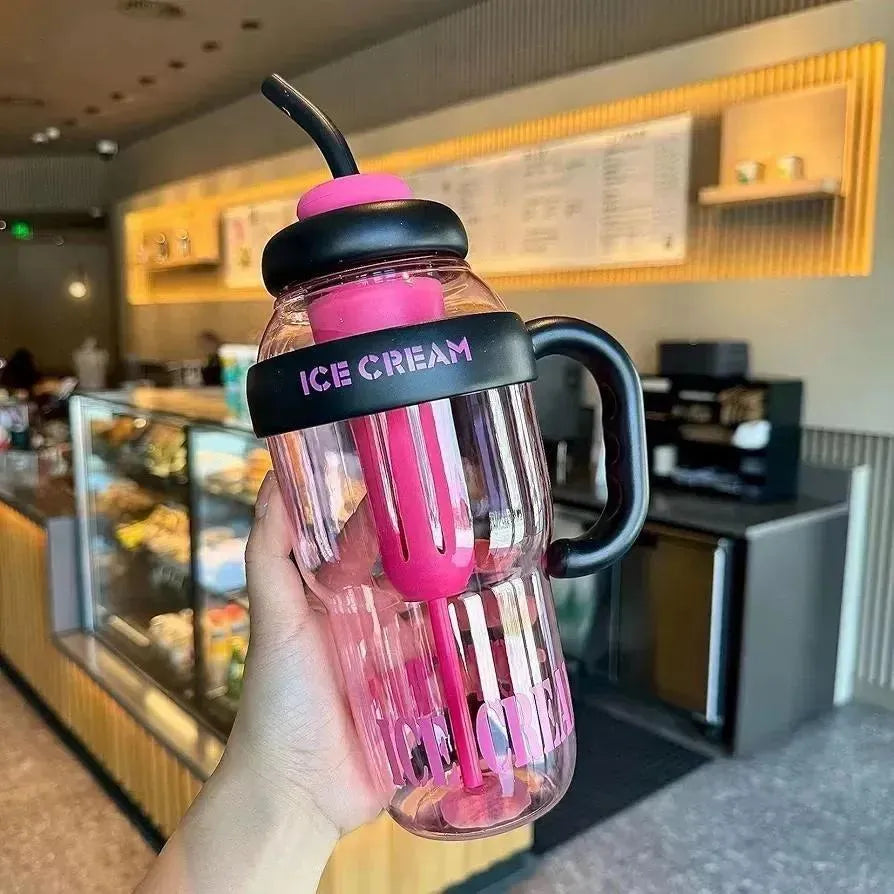 Ice Cream Water Bottle with Straw & Handle