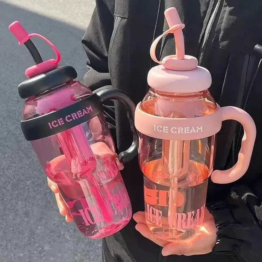 Ice Cream Water Bottle with Straw & Handle