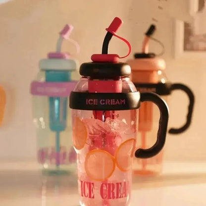 Ice Cream Water Bottle with Straw & Handle