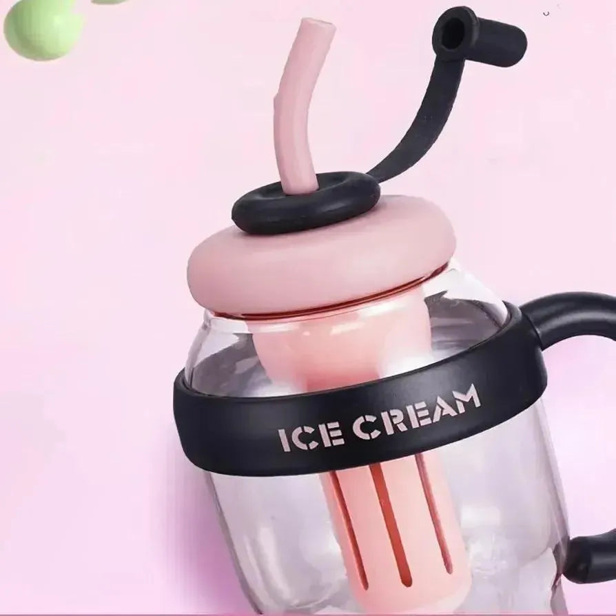 Ice Cream Water Bottle with Straw & Handle