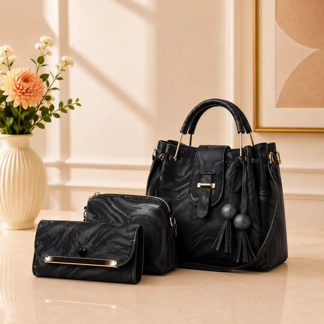 Women's Leather Plain Hand Bag Set