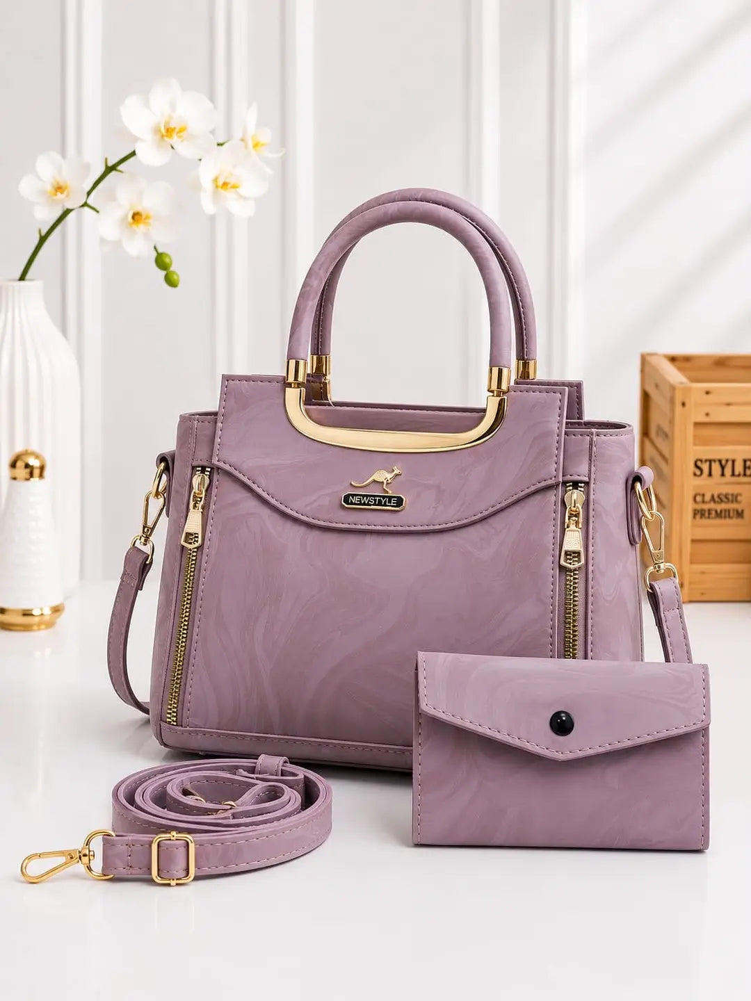 Women's Leather Printed Hand Bag Set