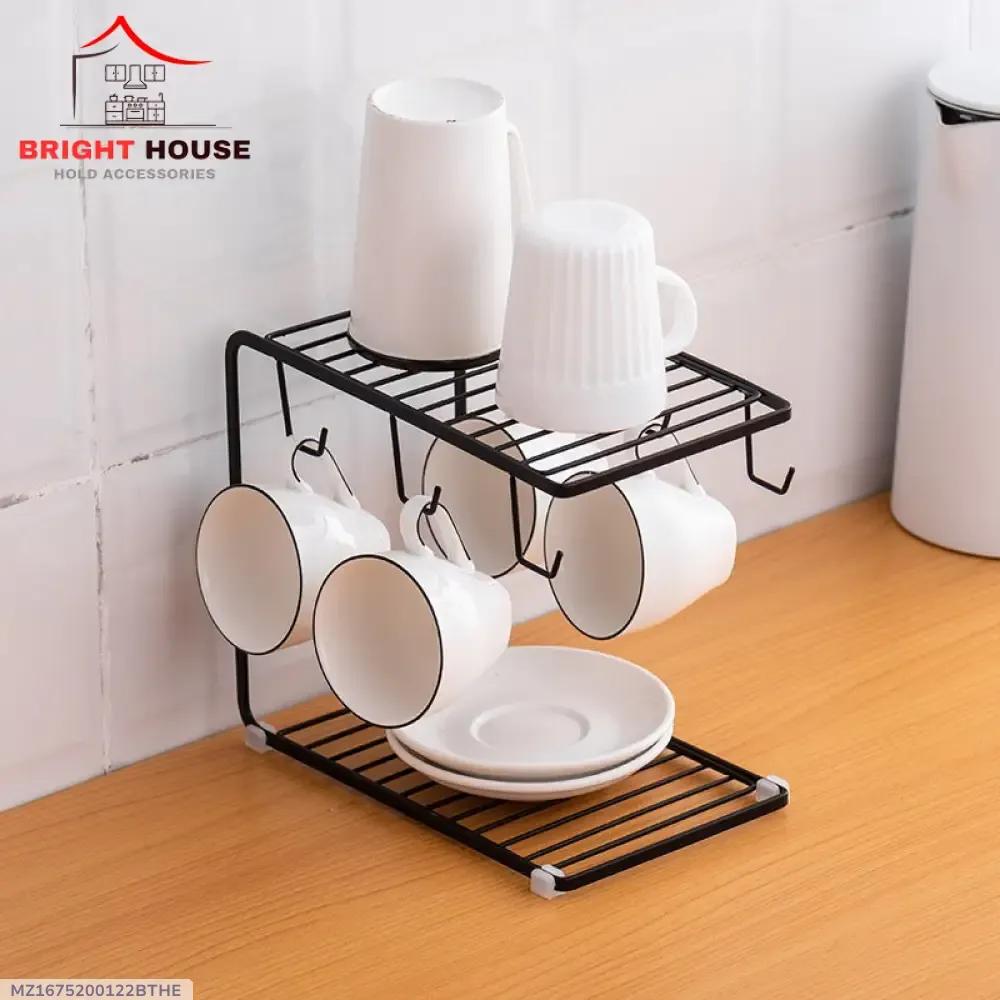 Black Metal Coffee Cup Stand with Hanging Hooks & Shelf