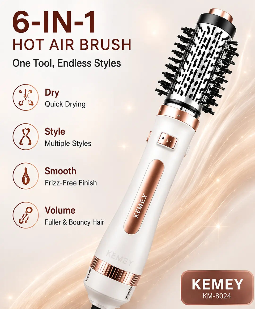6-in-1 Hot Air Brush Hair Dryer & Styler – Multi-Functional Hair Volumizer, Smoothing & Styling Brush