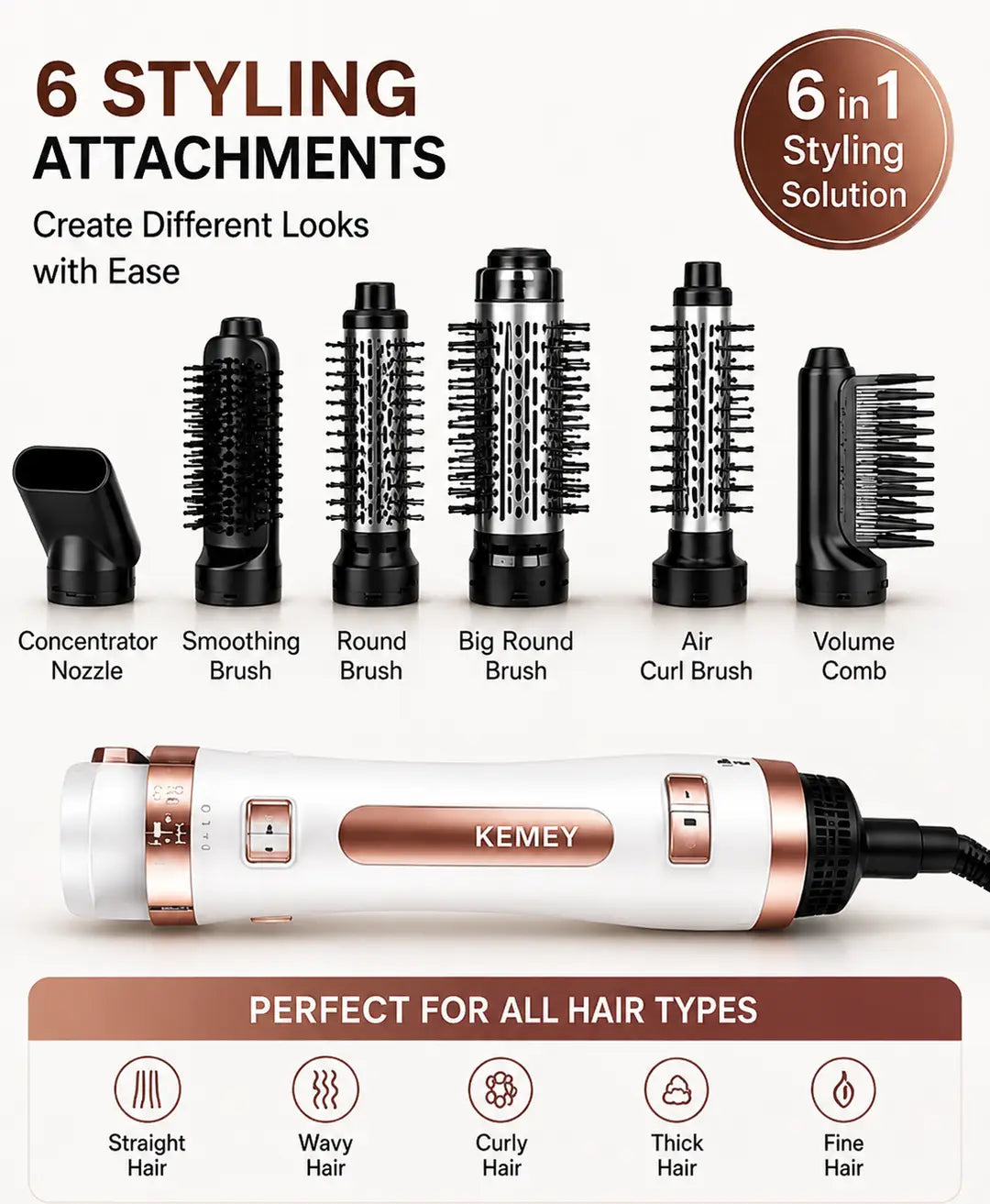 6-in-1 Hot Air Brush Hair Dryer & Styler – Multi-Functional Hair Volumizer, Smoothing & Styling Brush