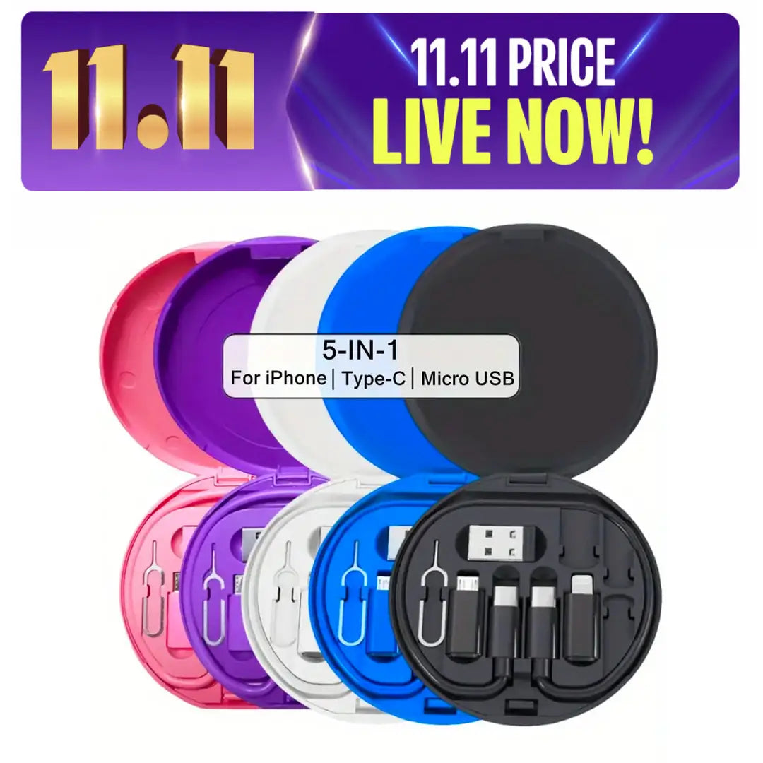 60W 5 in 1 Data Cable Set Fast Charging Multi-Interface Cable Set with Storage Case Type-C/USB/Lightning/Micro Universal Compatibility