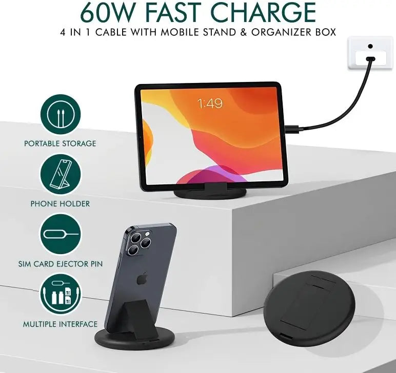 60W 5 in 1 Data Cable Set Fast Charging Multi-Interface Cable Set with Storage Case Type-C/USB/Lightning/Micro Universal Compatibility
