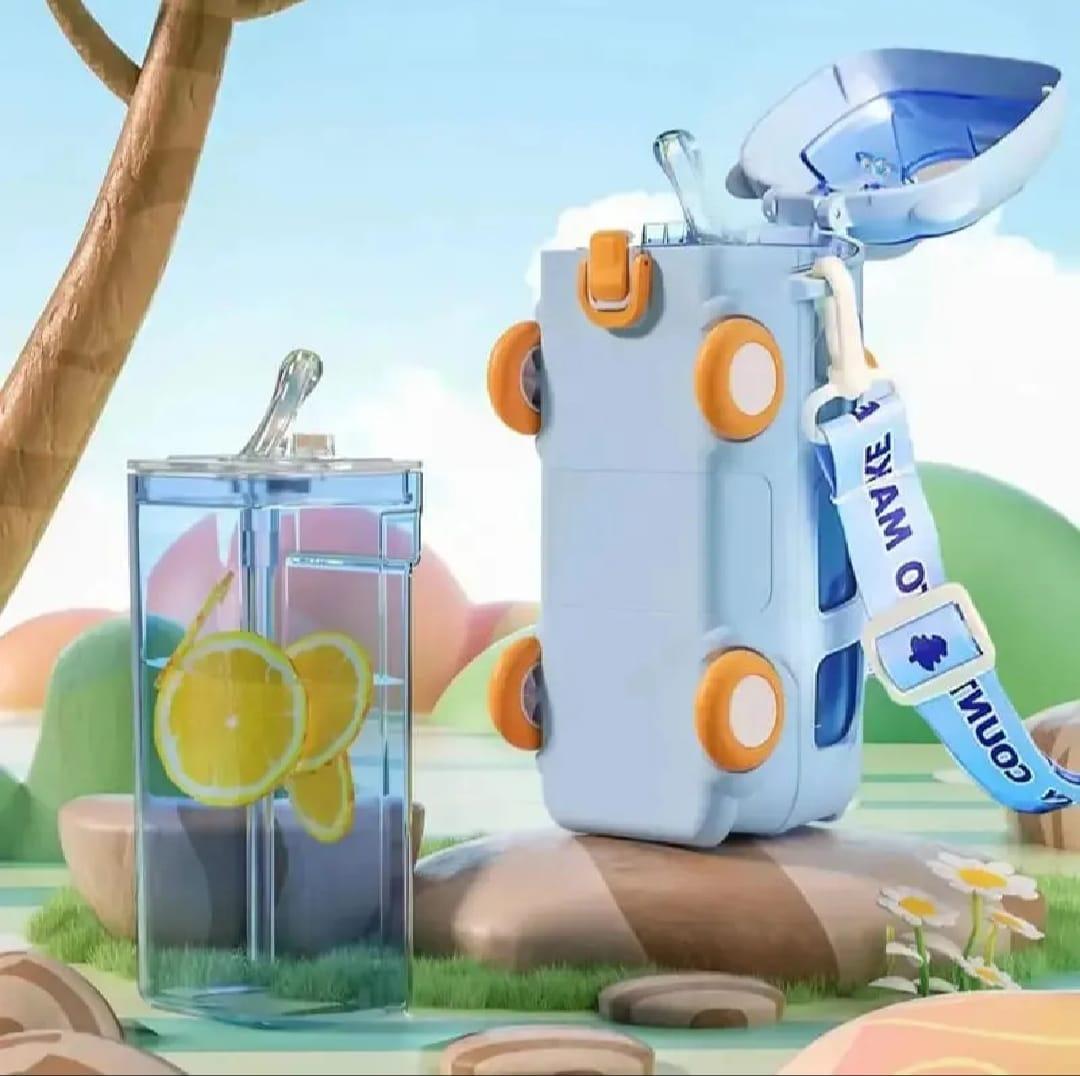 Kids Cartoon Bus Water Bottle Blue ABS Leak-Proof