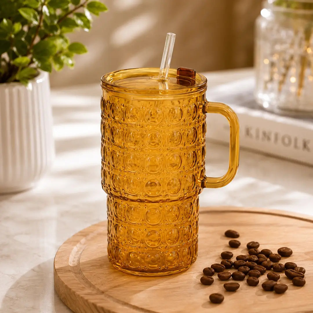 500ML Glass Tumbler with Handle & Straw – Bubble Design Drinking Cup with Lid – Reusable Iced Coffee, Juice & Smoothie Glass Mug