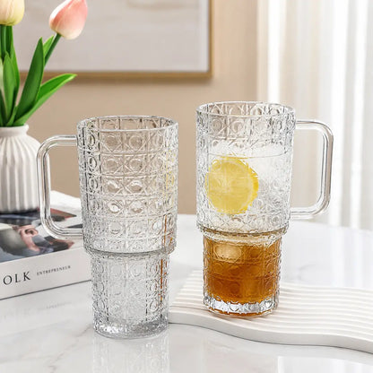 500ML Glass Tumbler with Handle & Straw – Bubble Design Drinking Cup with Lid – Reusable Iced Coffee, Juice & Smoothie Glass Mug