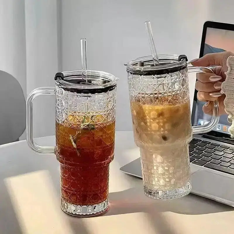 500ML Glass Tumbler with Handle & Straw – Bubble Design Drinking Cup with Lid – Reusable Iced Coffee, Juice & Smoothie Glass Mug