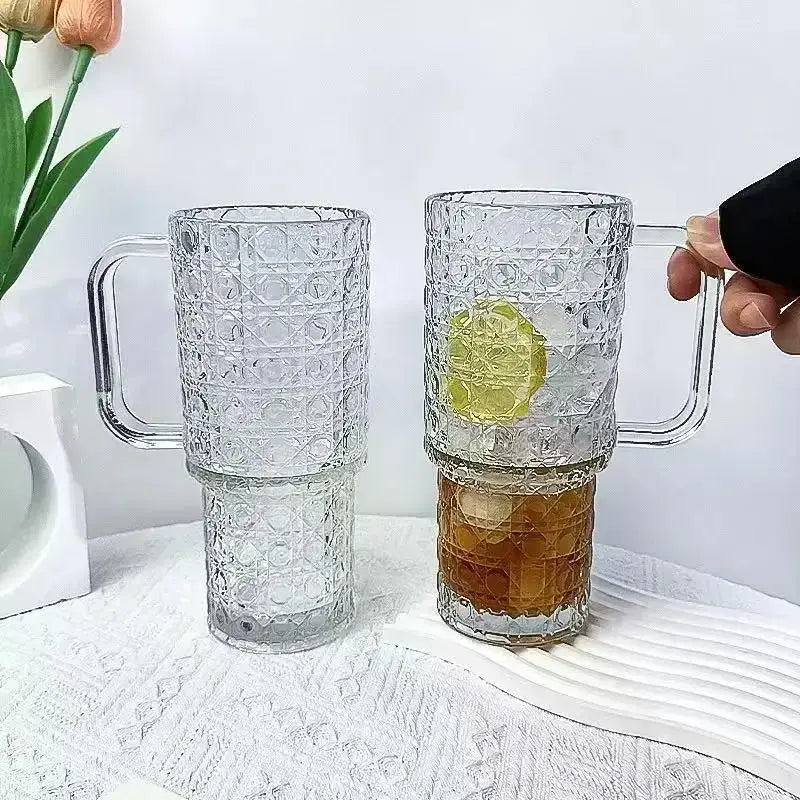 500ML Glass Tumbler with Handle & Straw – Bubble Design Drinking Cup with Lid – Reusable Iced Coffee, Juice & Smoothie Glass Mug