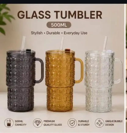 500ML Glass Tumbler with Handle & Straw – Bubble Design Drinking Cup with Lid – Reusable Iced Coffee, Juice & Smoothie Glass Mug