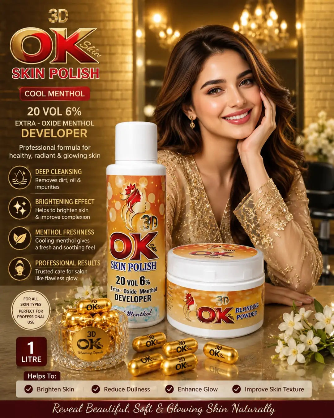 OK 3D Exfoliator Skin Polisher & Activator  with Whitening  capsules 1000 ml