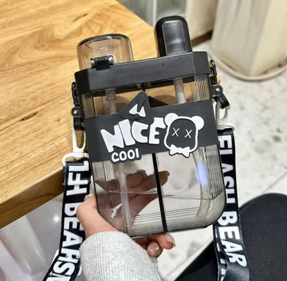 Portable Double Straw Water Bottle Black White Bear Logo