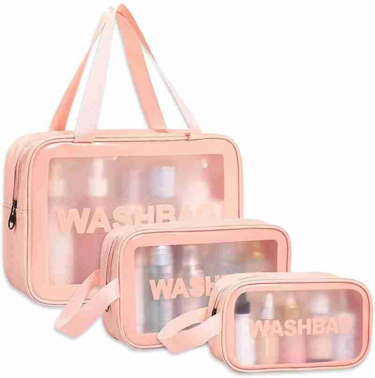 3-Piece Pink Wash Bag Set for Makeup Storage