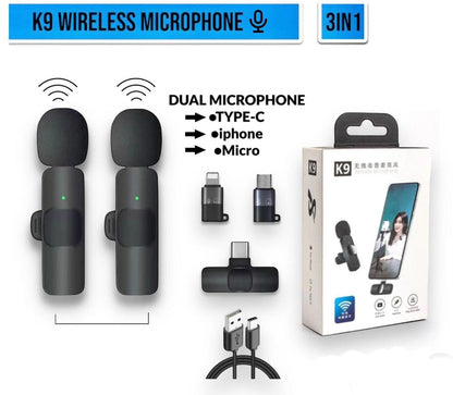 K9 Wireless Vlogging Microphone Black Rechargeable