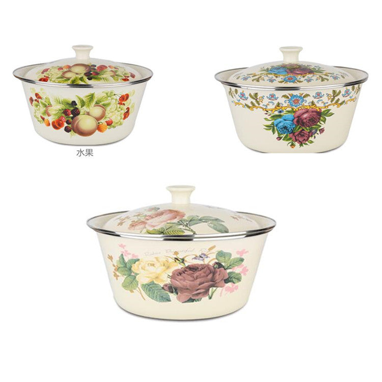 Thickened Enamel Basin with Lid, Floral Design