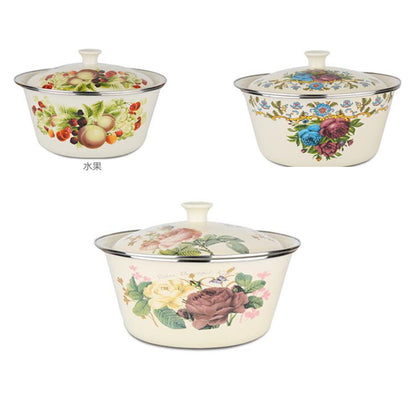 Thickened Enamel Basin with Lid, Floral Design