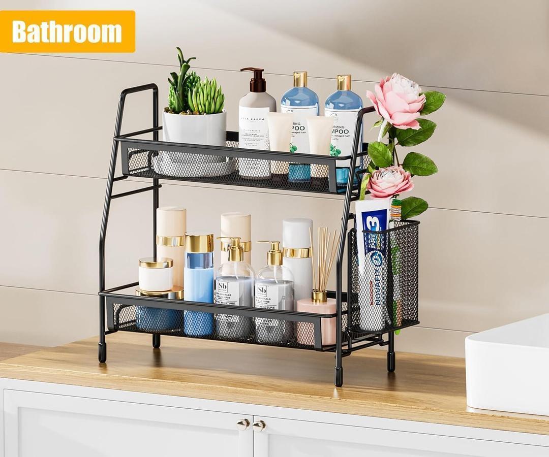 Black Mesh Bathroom Organizer Two Tier Storage