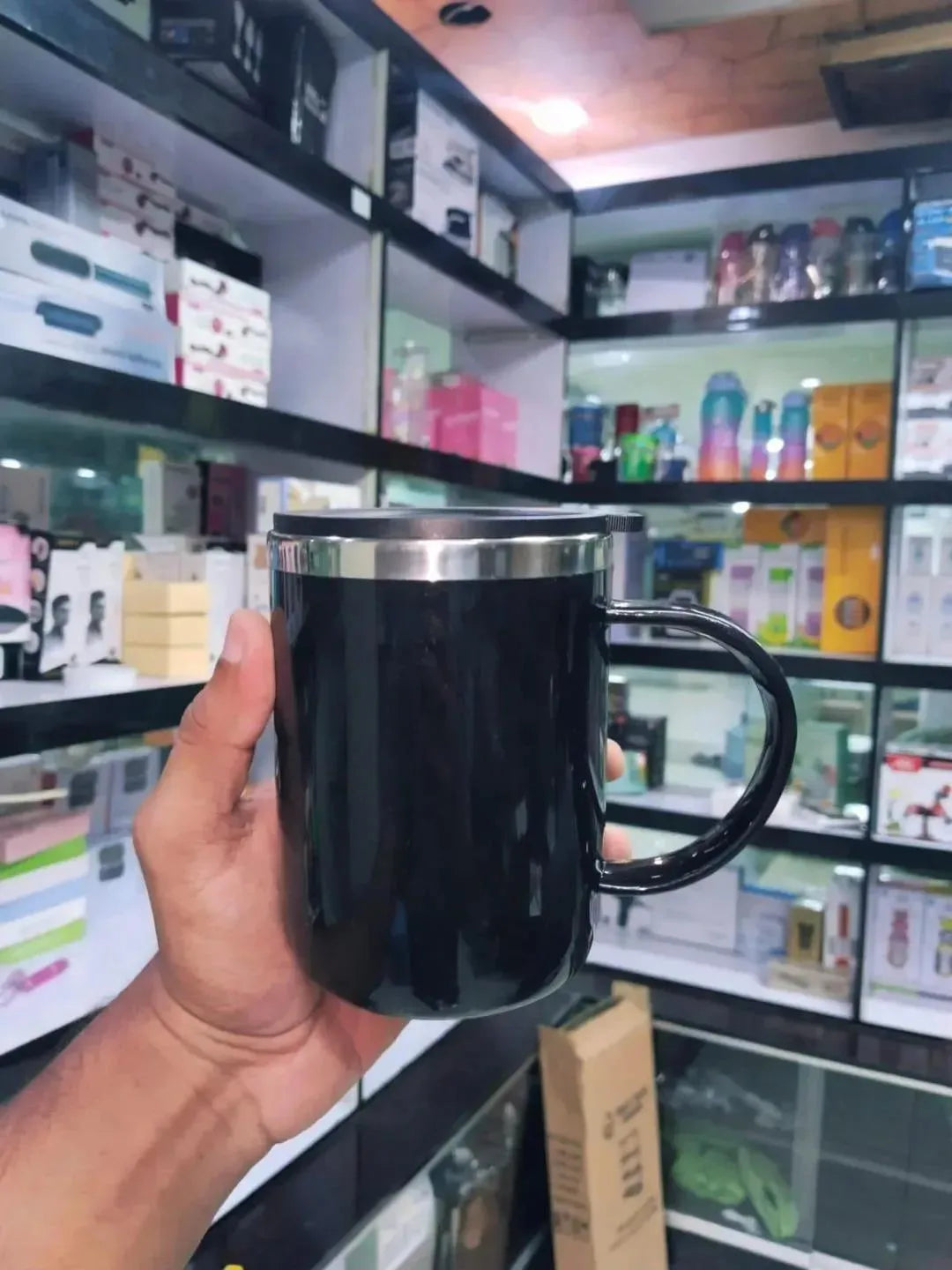 Stainless Steel Coffee Mug Black Spill Proof Handle