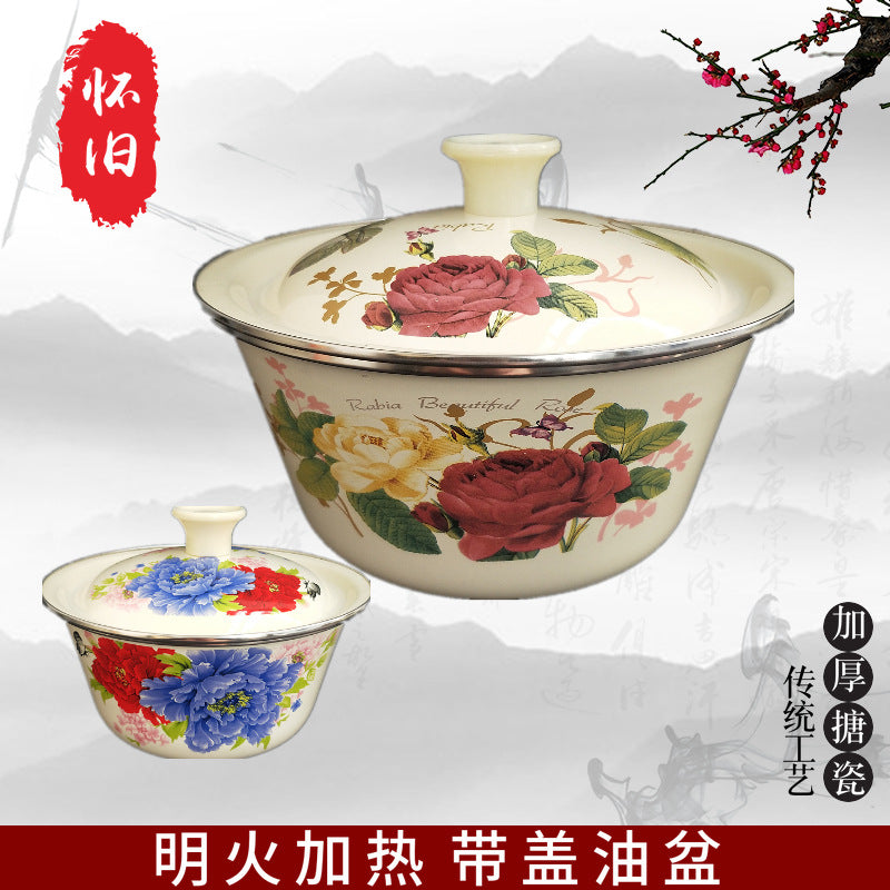 Thickened Enamel Basin with Lid, Floral Design