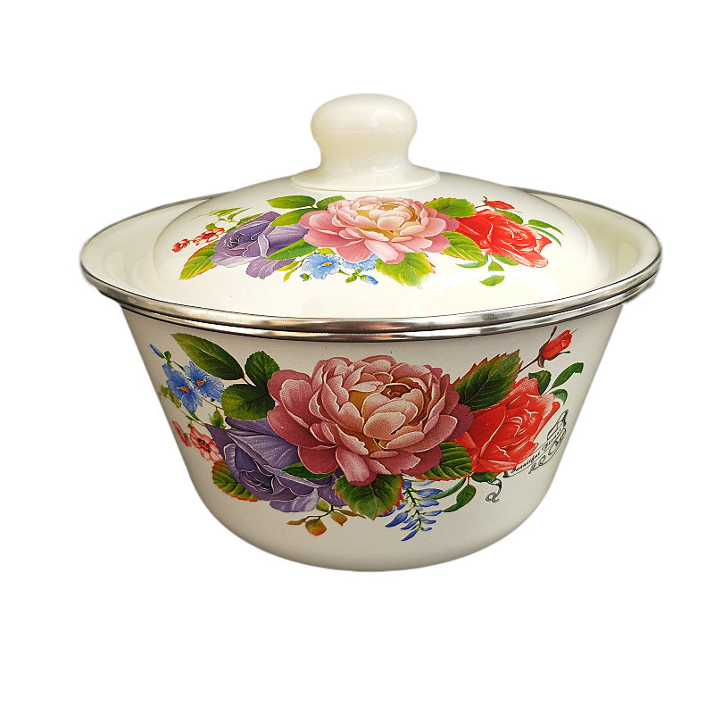 Thickened Enamel Basin with Lid, Floral Design
