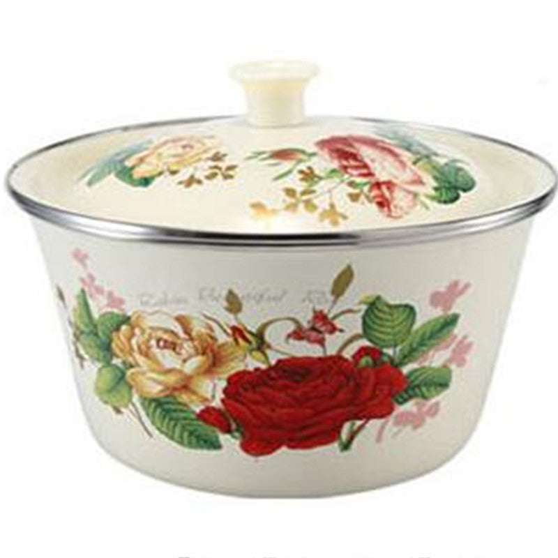 Thickened Enamel Basin with Lid, Floral Design